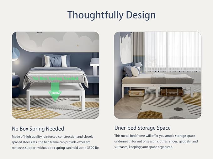 White Twin Size Bed Frames 14 Inch, Metal Platform Twin Bed Frame No Box Spring Needed, Heavy Duty Steel Support 3500 LBS, DIY Headboard, Round Legs, Noiseless, Storage Space, Easy Assembly