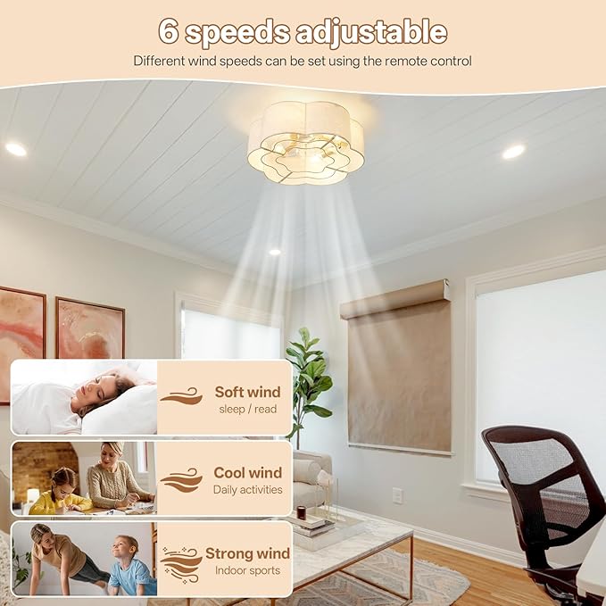 Caged Ceiling Fan with Lights, Flush Mount 20" Boho Ceiling Fans with Lights Remote Control, Low Profile Fabric Bladeless with 6 Speeds for Bedroom, Nursery, Kitchen