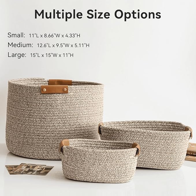 Medium Cotton Woven Basket with PU Leather Handle, Baby Clothes Toys Candy Gifts Cotton Rope Organizer, Living Room Basket Bathroom Shower Storage Laundry Basket, Dog Cat Bed, Cute Decor, Navy