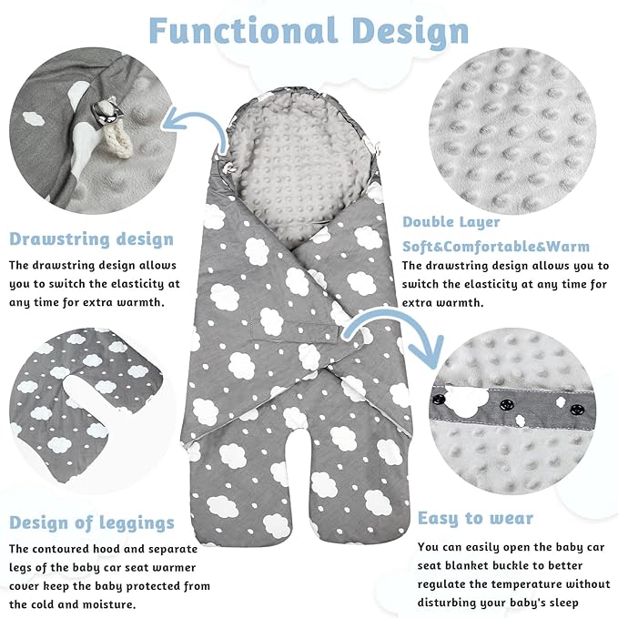 Baby Car Seat Blanket, Winter Car Seat Covers for Babies, Warm Carseat Swaddle Blankets, Thicken Stroller Sleeping Bunting Bag for Infants Boy & Girl, Grey Cloud