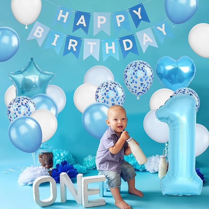 1st Birthday Decoration for Boys, Blue White Confetti 1st Birthday Balloon with 40Inch Number 1 Blue Balloons Star Heart Foil Balloon and Happy Birthday Banner for Baby 1 Year Old Birthday Party Decor