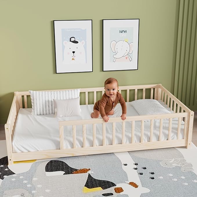 LLS Twin Floor Bed for Kids Solid Wood Montessori Bed Frame with Safety Guardrails Multifunctional Montessori Floor Bed for Toddlers, Without Door, Natural