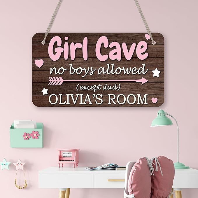 Pink Girl Cave Signs Personalized House Room Door Sign Custom Name Signs Kids Girls Bedroom Decor Nursery Room Entryway Wood Hanger Art Wall Plaque 12x6 Inches