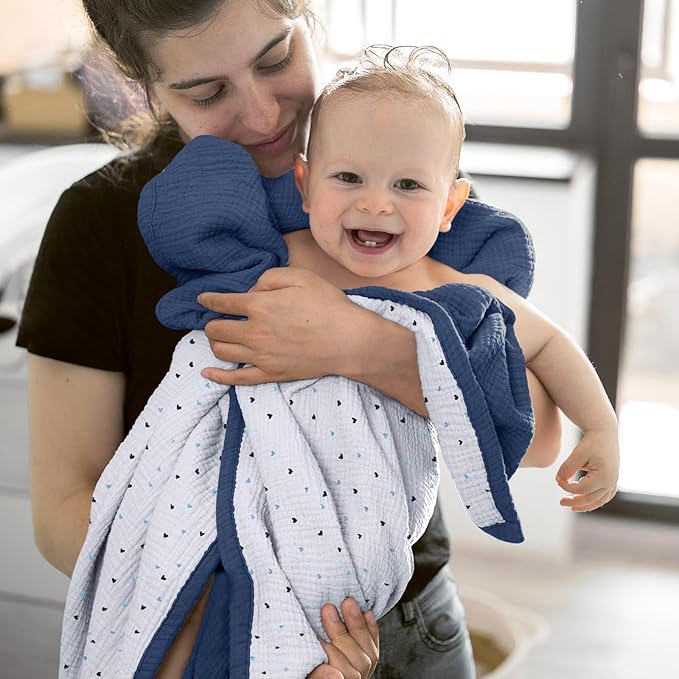 lulumoon Muslin Baby Blanket - Cotton Quilt Blankets for Toddlers - Reversible Nursery Crib Blanket for Baby Boys and Girls 47"x47"(Blue)