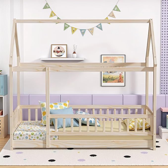 LLS Twin Size Montessori Floor Bed Frame with Slats and Fence, Wooden House Bed for Boys Girls Bedroom, Natural