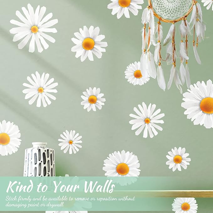 Big White Daisy Wall Decals Decor for Baby Nursery Toddler Girls Bedroom, Vinyl Floral Wall Stickers Peel and Stick, Boho Daisy Flower Wall Art Decor for Living Room Closet Cabinet