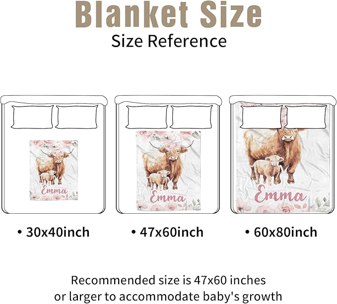 Personalized Crib Bedding Set for Boys Girls, Custom Baby Crib Sets with Name, Pink Highland Cow Design Nursery Bedding 2 Piece - Soft Blanket with Double Layer Dotted Backing, Crib Fitted Sheet