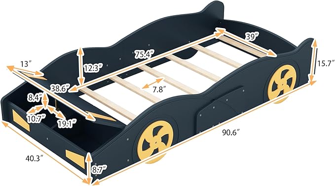 Harper & Bright Designs Twin Size Race Car-Shaped Platform Bed with Wheels and Storage, Dark Blue+Yellow