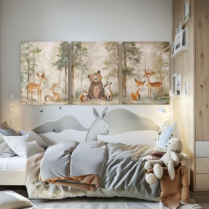 LLEEMPI Framed Woodland Nursery Wall Decor Set of 3, Cute Forest Animal Wall Art, Bear Fox Deer Watercolor Canvas Prints, Vintage Nature Poster Prints for Kids Bedroom Bathroom Playroom 12x16 Inch