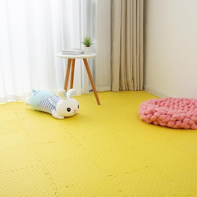 Coolcandy EVA Foam Play Mat, 16 Tiles Colorful Baby Play Mat, Square Kids Playmat with Solid Colored, 0.4" Thickened Interlocking Foam Floor Tiles, Puzzle Play Mat for Baby Lying, Playing (Yellow)