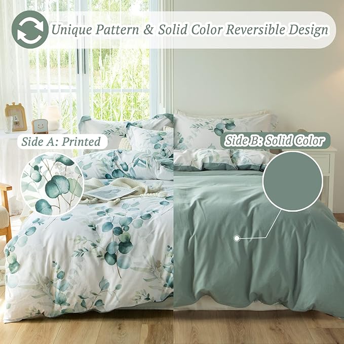 MILDLY Duvet Cover Leaf Pattern- 100% Washed Cotton Eucalyptus Printed Comforter Cover Linen Feel Sage Green Bedding Set with Zipper Closure 4 Ties Twin Size