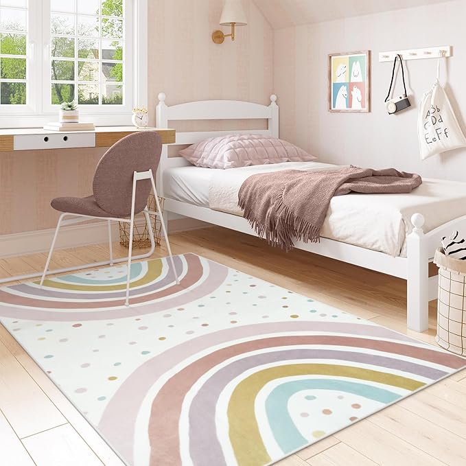 STARUIA Boho Rainbow Rug for Girls Bedroom, Large Area Rug 5x7 Washable Kids Rugs for Playroom Tent Castle, Non-Slip Soft Play Mat Carpet Nursery Rugs for Kid Room Classroom Dorm