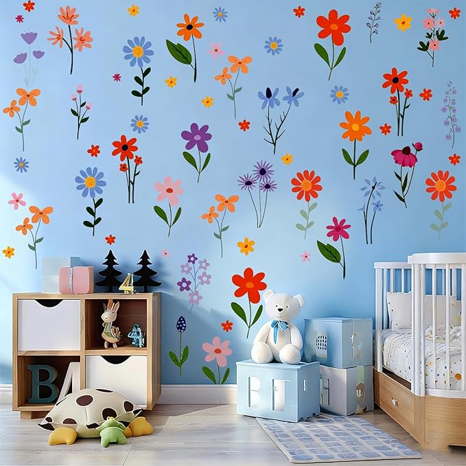 102Pcs Flower Wall Decals Peel and Stick, DIY Spring Themed Floral Wall Stickers, Removable Wildflower Spring Art for Girls Bedroom, Kids Room, Nursery, Living Room, Bathroom, Kitchen Home Wall Decor