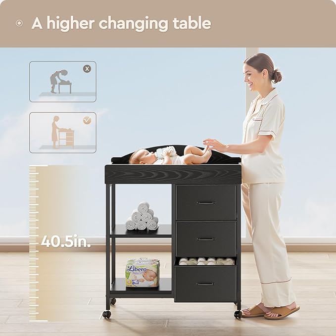 Changing Table Dresser, Baby Dresser with 3 Fabric Drawers and 2 Shelves, Multi-Functional Baby Changing Table with Pad, Classic Nursery Dresser, Diaper Changing Station for Nursery, Black