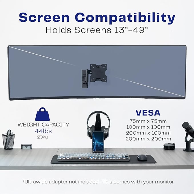 VIVO Full Motion Ultrawide Monitor Wall Mount, Fits Ultra-Wide Screens up to 49 inches and 44 lbs, Wide VESA Range with Tilt and Swivel, Black, MOUNT-VW06