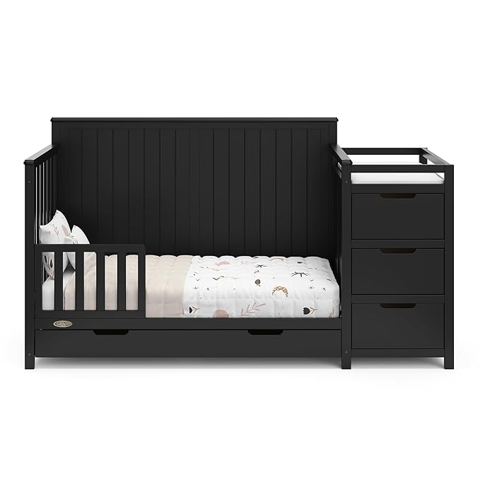 Graco Hadley 5-in-1 Convertible Crib & Changer (Black) – GREENGUARD Gold Certified, Fits Standard Crib Mattress, Converts to Toddler Bed and Full Bed, 4 Adjustable Mattress Heights