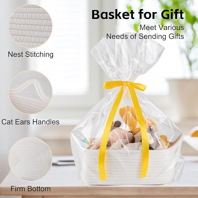 OIAHOMY 7L Woven Basket with Gift Bags and Ribbons, Gift Basket Empty for Baby Showers Birthday, Nursery Bin with Handles for Baby Room Living Room, Pet Toy Bins for Toy Organizer - White