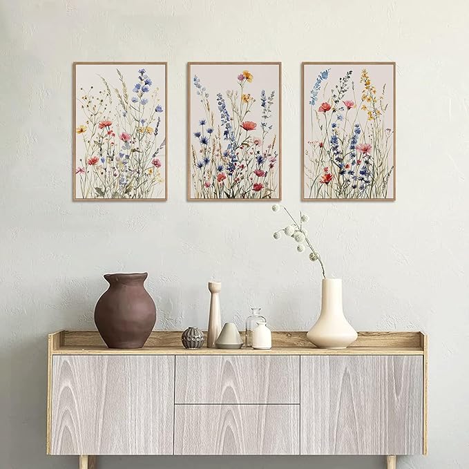 MTFBWY 3Pcs Framed Wildflower Canvas Wall Art – Floral Wall Art Watercolor Prints, Blue Botanical Artwork, Colorful Flower Pictures Decor Printing for Living Room, Girls Bedroom, or Bathroom 24L" x 16W"