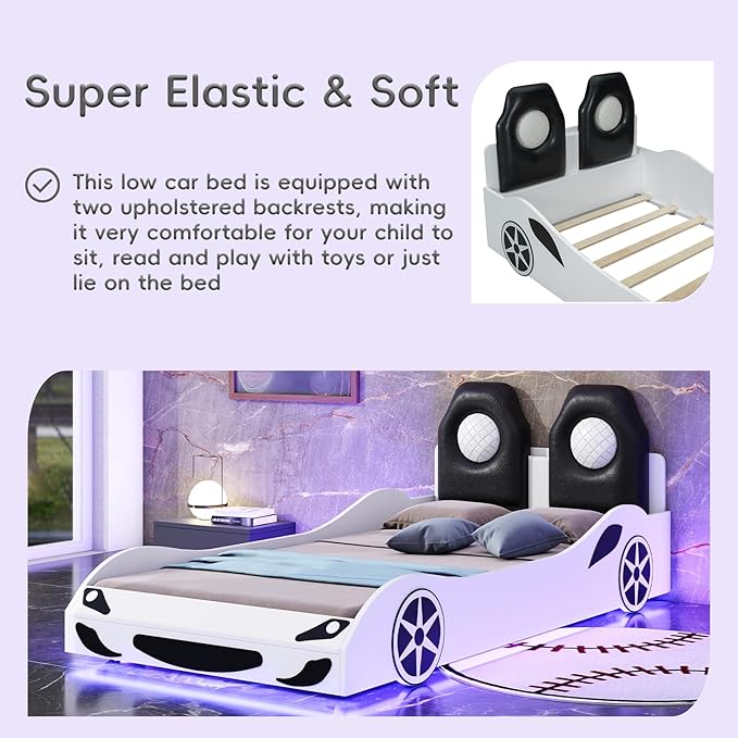 Kids Car Bed Frame Twin Size Car-Shaped Platform Bed with LED Lights and Upholstered Backrest, Solid Wood Car Bed Frame with Wheels and Guardrails for Boys Girls, White