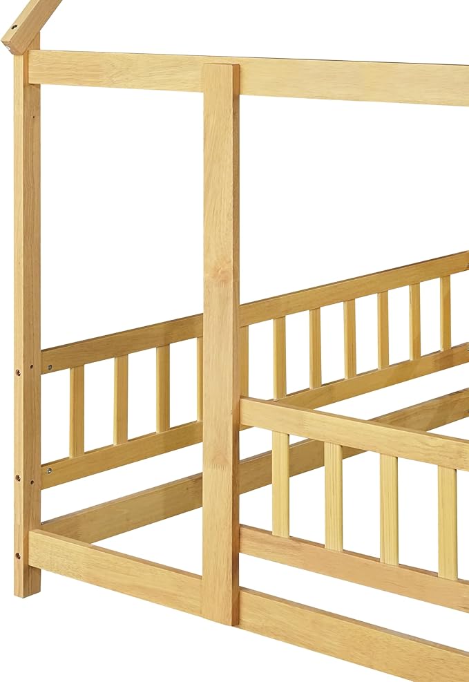 Ball & Cast Full Size Floor Bed,Montessori Bed with Roof & Safety Guardrails Design,Wooden Toddler House Bed Frame W/Open Door,for Girls Boys,Natural