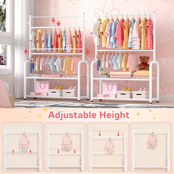 Kids Clothing Rack with 2-Layer Storage Shelf and 2 Adjustable Hanging Rods, Small Baby Closet Organizer for Hanging Clothes, Kids Dress Up Rack for Child (Classic, White)