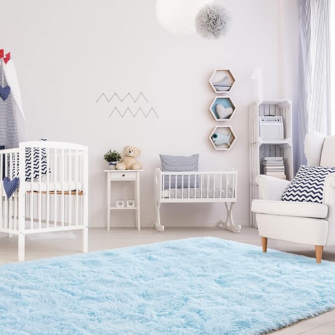 Merelax Soft Modern Indoor Shaggy Area Rug for Bedroom Livingroom Dorm Kids Room Home Decorative, Non-Slip Plush Fluffy Furry Fur Rugs Comfy Nursery Accent Floor Carpet 4x5.9 Feet, Baby Blue