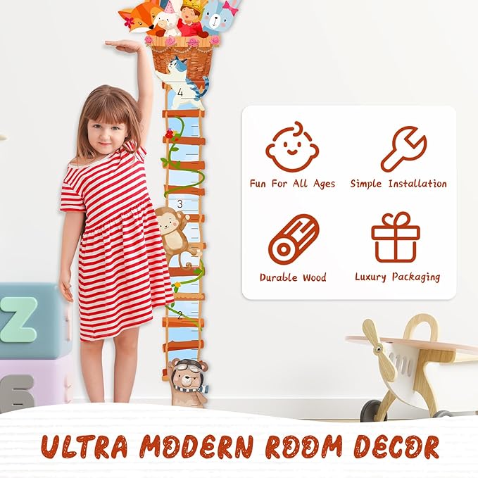 Personalized Name Wooden Growth Chart for Wall, Animal Balloon Wood Baby Height Growth Chart Wall Kids Room Nursery Wall Decor