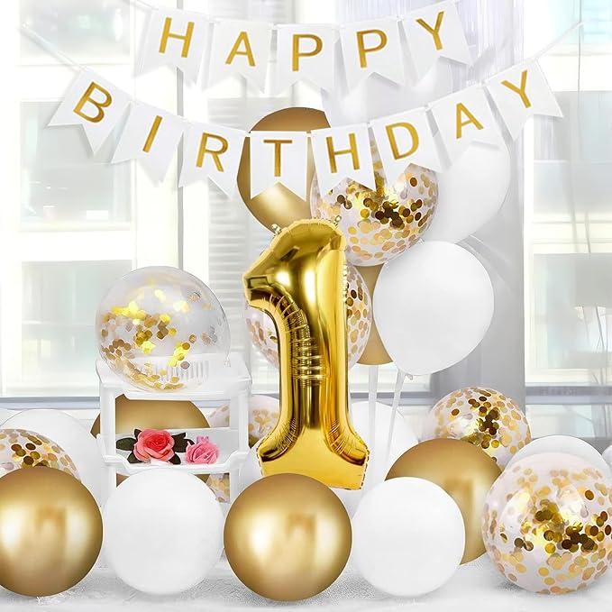 1st Birthday Decorations,40inch Gold Number 1 Balloon And Happy Birthday Banner With 12inch Metallic Gold White Confetti Balloons For One Year Old Boys Birthday Decorations