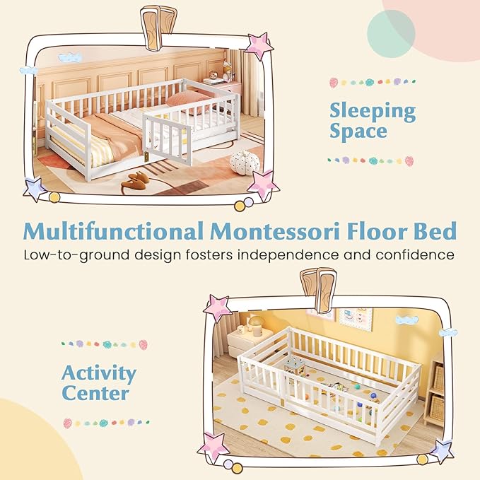 Giantex Twin Floor Bed with High Fence & Door, Montessori Floor Bed with 21.5" Safety Guardrails, Solid Wood Twin Beds Frame for Kids Girls, Boys, Without Slats, White