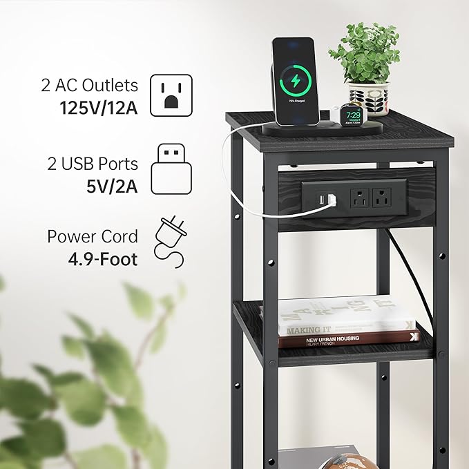 Tall Nightstand with Charging Station, 3 Tier Narrow Tall End Table with Storage, Slim Side Table with USB Ports and Outlets for Bedroom, Living Room, Office, Black