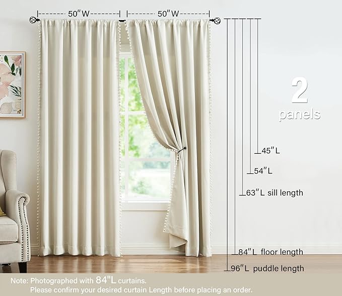 Treatmentex Pompom Window Curtains for Living Room Bedroom 95 inch Triple Weave Half Blackout Window Curtains for Hotel Guest Room Drapes 52" w x2 Panels Rod Pocket