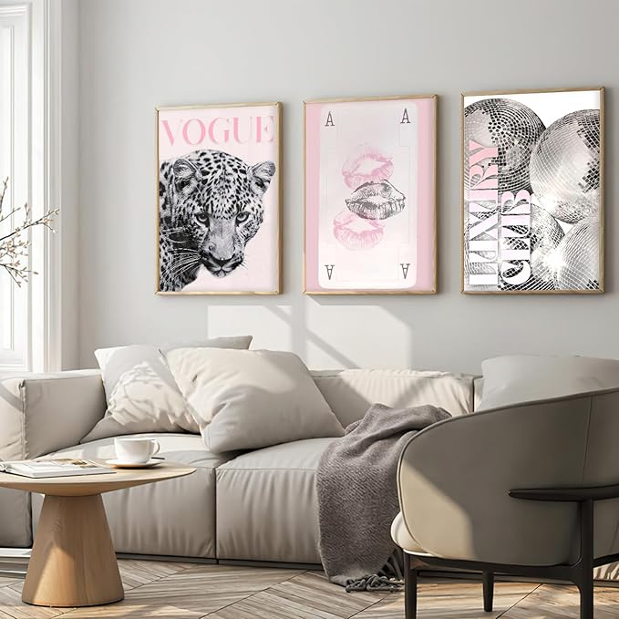 Retro Bar Cart Decor Aesthetic Girly Wall Art Modern Room Aesthetic Wall Art Funny Maximalist Leopard Print Set Of 3 Trendy Disco Ball Poster 12x16 Inch UnFramed for Living Room Bedroom Dorm Apartment