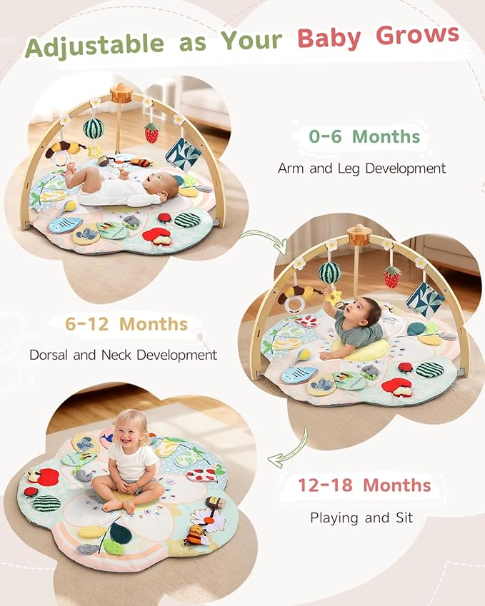 Baby Play Gym & Activity Mat, 5 Developmental Zones Tummy Time Mat with 4 Detachable Sensory Toys, Early Skills & Sensory Development Mat, Newborn Essentials Baby Shower Gift