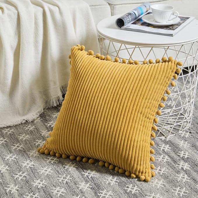 Fancy Homi Pack of 2 Mustard Yellow Fall Decorative Throw Pillow Covers 20x20 Inch with Pom-poms for Living Room Couch Bedroom, Soft Corduroy Solid Square Cushion Case 50x50 cm, Boho Home Decor