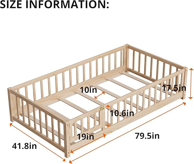 i-POOK Twin Floor Bed for Children, Sturdy Wood Montessori Bed Frame with Wood Slats, Fence & Door, Montessori Floor Bed for Girls and Boys, Natural