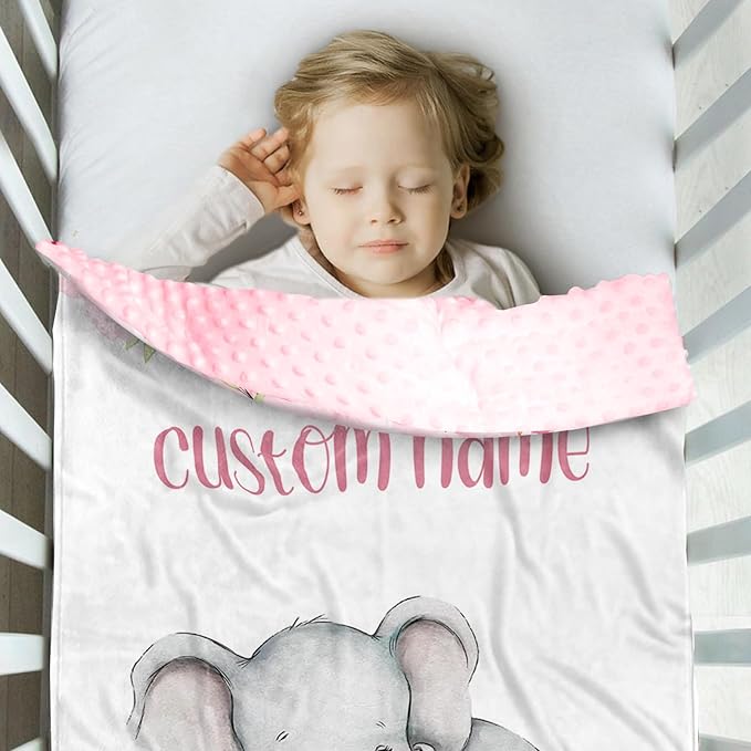 Personalized Baby Blankets for Girls, Custom Name Pink Flower Elephant Pattern Baby Blanket, Soft Receiving Blanket for Newborns and Toddlers, Ideal for Baby Showers and Nursery Decor