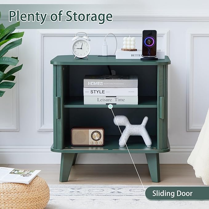 AVZEAR 24" Large Fluted End Table with Charging Station, Farmhouse Sofa Side Table with Sliding Tambour Door & Storage, Curved Rustic Wood Nightstand for Living Room, Bedroom, Green