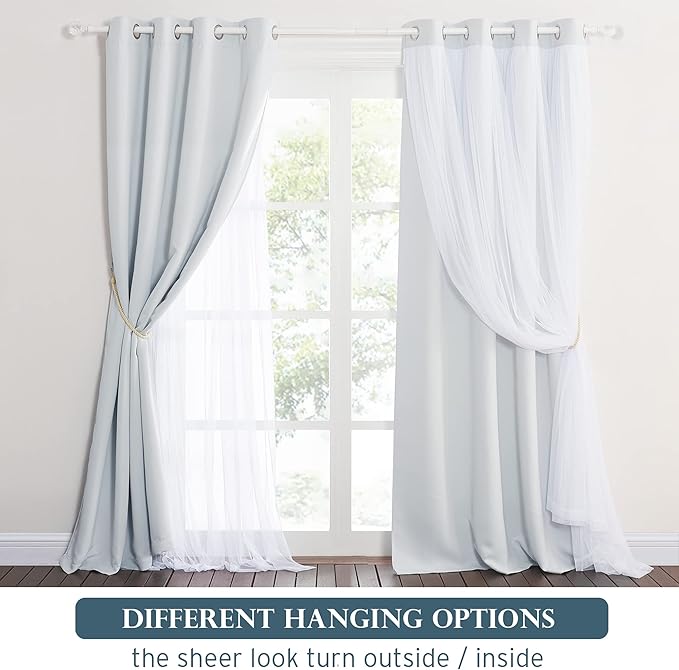 PONY DANCE White Blackout Curtains Double Layer Backdrop Curtains 84 Inches Long with Sheer Elegance Grommet Window Panels for Wedding Party Girls Bedroom with Tiebacks (52x84, Greyish White, 2 PCs)