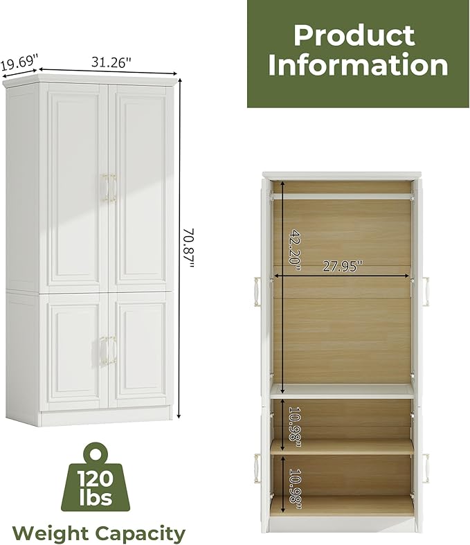 Solid Wood Wardrobe Closet:TemkTuek 70.87" Armoire,Clothing Storage Cabinet with Doors,Shelves and Hanging Rails,Vintage Freestanding,Bedroom,White(18)