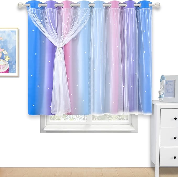 Kinryb Christmas Colorful Star Hollowed Out Curtains Stars Blackout Curtains for Kids Boys Bedroom Living Room Double Layer 2 Panel Rainbow Blue 52W x 45L