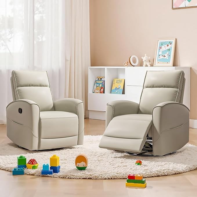 Swivel Rocker Recliner Chair, Manual Faux Leather Glider Rocking Recliners for Adults, 360° Swivel Nursery Reclining Sofa with Storage Pocket