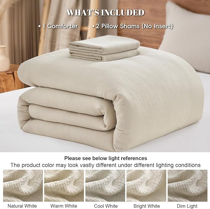 PHF Cotton Muslin Comforter Set Queen Size, Ultra Soft, Breathable & Lightweight All-Season Bedding, Filling: 100% Polyester, 3 Pieces with 1 Comforter 90"x90" and 2 Pillow Shams 20"x26", Natural