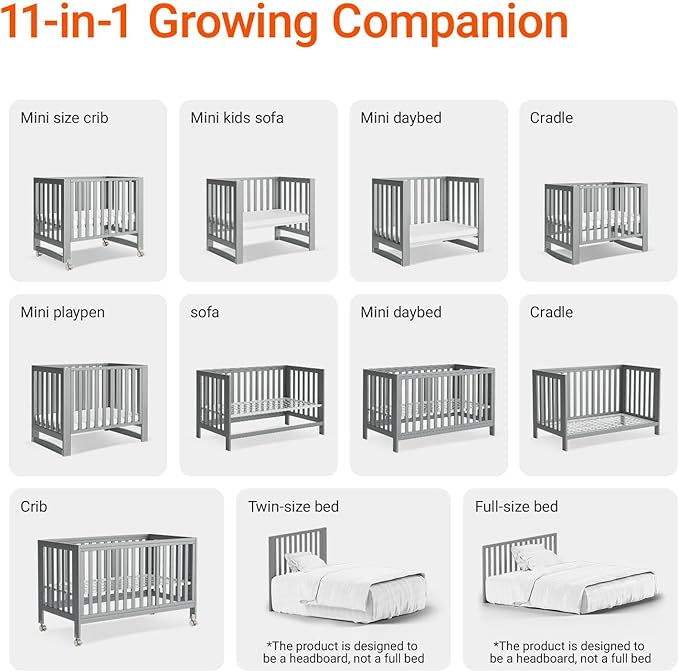 MAMAZING EvoNest Baby Crib, 11 in 1 Convertible Mini Crib with Wheels, 100% New Zealand Wood Growing Bed, 4 Adjustable Mattress Height,Grey