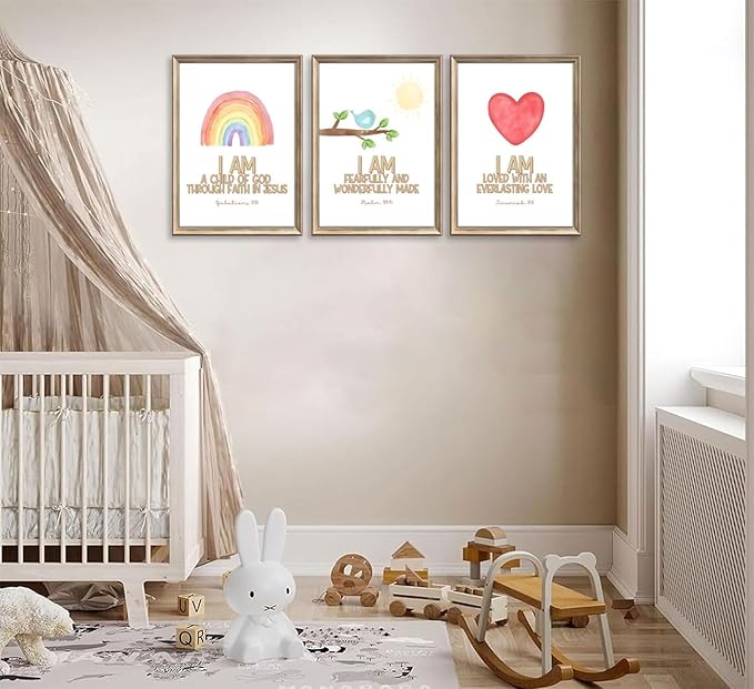 3Pcs Nursery Bible Verse Canvas Wall Art Colorful Rainbow Motivational Affirmation Wall Decor Pictures Christian Kids Scripture Introduction Posters Prints for Kids Room Nursery Home Decoration