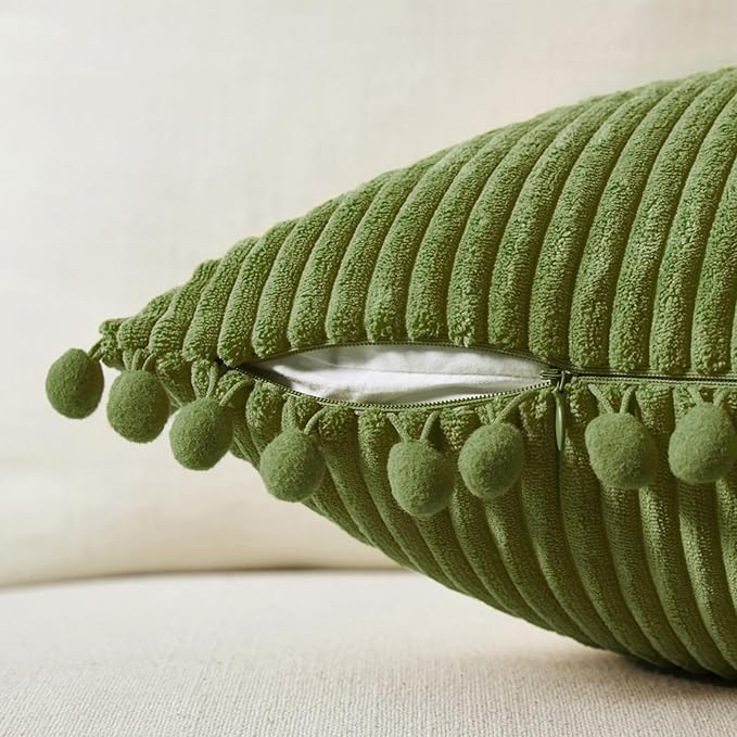 Fancy Homi Pack of 2 Moss Green Lumbar Decorative Throw Pillow Covers with Pom-poms, Soft Corduroy Solid Rectangle Cushion Cases Set for Couch Sofa Bedroom Car Living Room (12x20 Inch/30x50 cm)