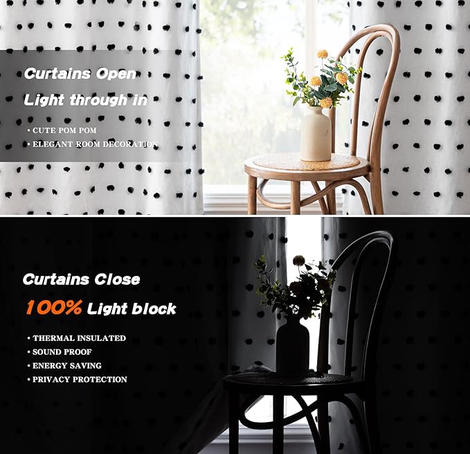 MYSKY HOME Blackout Curtains for Kids Bedroom 100% Light Block Out Thermal Insulated Curtain 63 Inches Grommet Room Darkening Curtains Privacy Window Drapes with Black Pom Pom Sheers，2 PCS, 52" x 63"