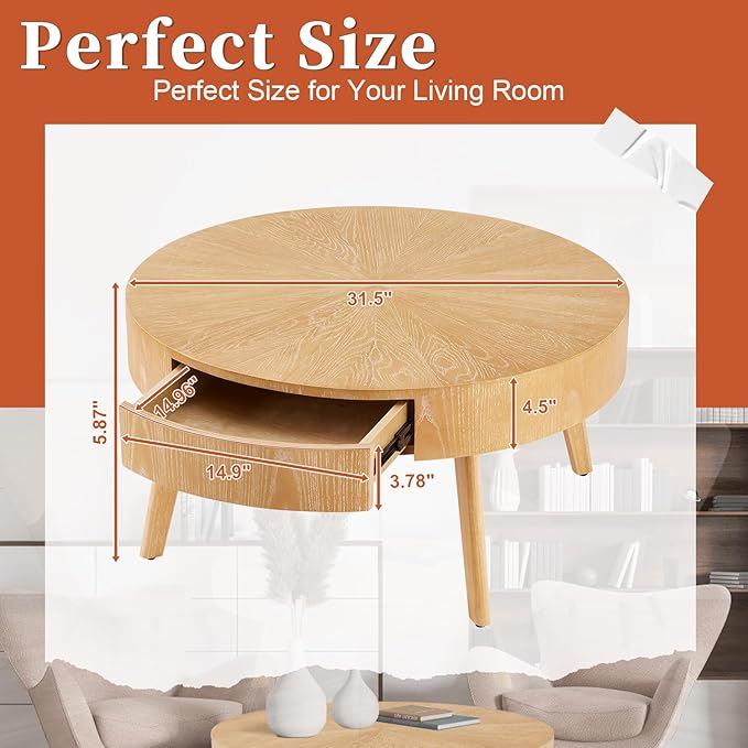 Round Wood Coffee Table for Living Room, Modern Farmhouse with Drawer, Solid Boho Circle Table with 4.5” Thick Tabletop, 31.5" L x 31.5" W x 15.87" H