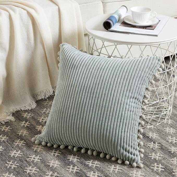 Fancy Homi 24x24 Pillow Covers, Pack of 2 Grey Throw Pillow Covers with Pom-poms, Super Soft Corduroy Square Solid Cushion Cover for Couch Sofa Bedroom Living Room 60x60 cm