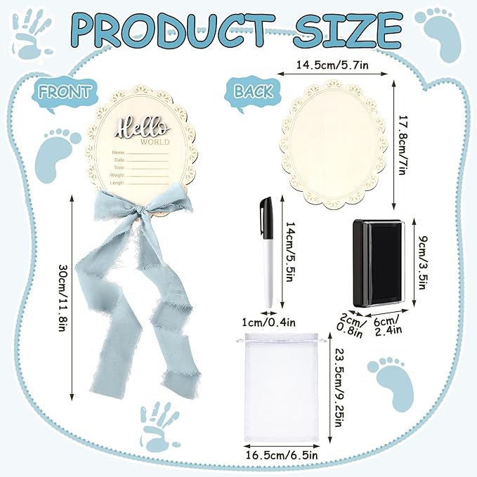 Baby Announcement Sign 7 Inch Double Sided Wooden Hello World Newborn Engraved Sign with Organza Bag Marker Pen Ink Pad Ribbon Bow for Baby Shower Hand Footprints Photo Prop (Blue Bow)