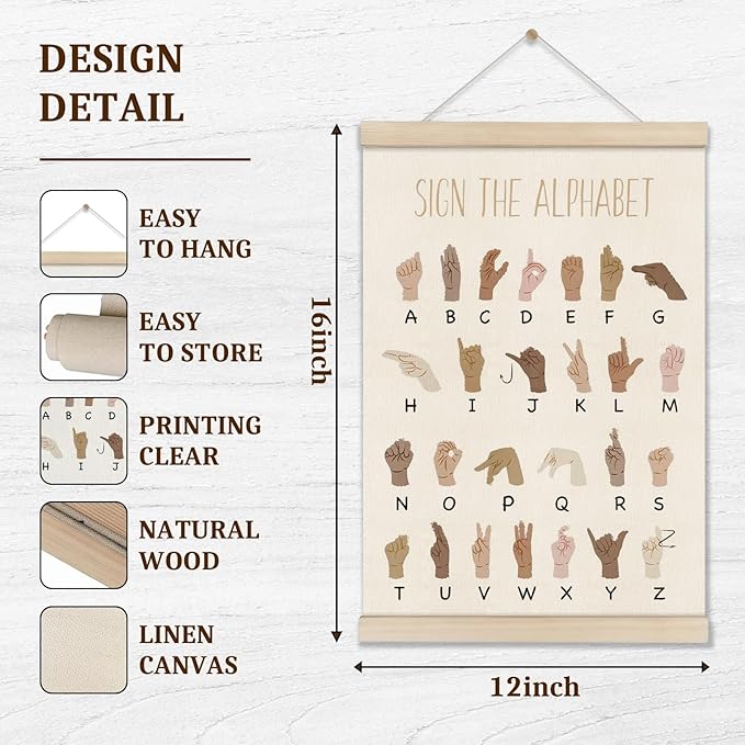 DOI-LANEE ASL Alphabet Poster Hanger Frame, Educational Posters for Toddlers 16x12 Inch, American Sign Language, ABC Learning Wall Art, Boho Classroom Decor, Playroom Wall Art